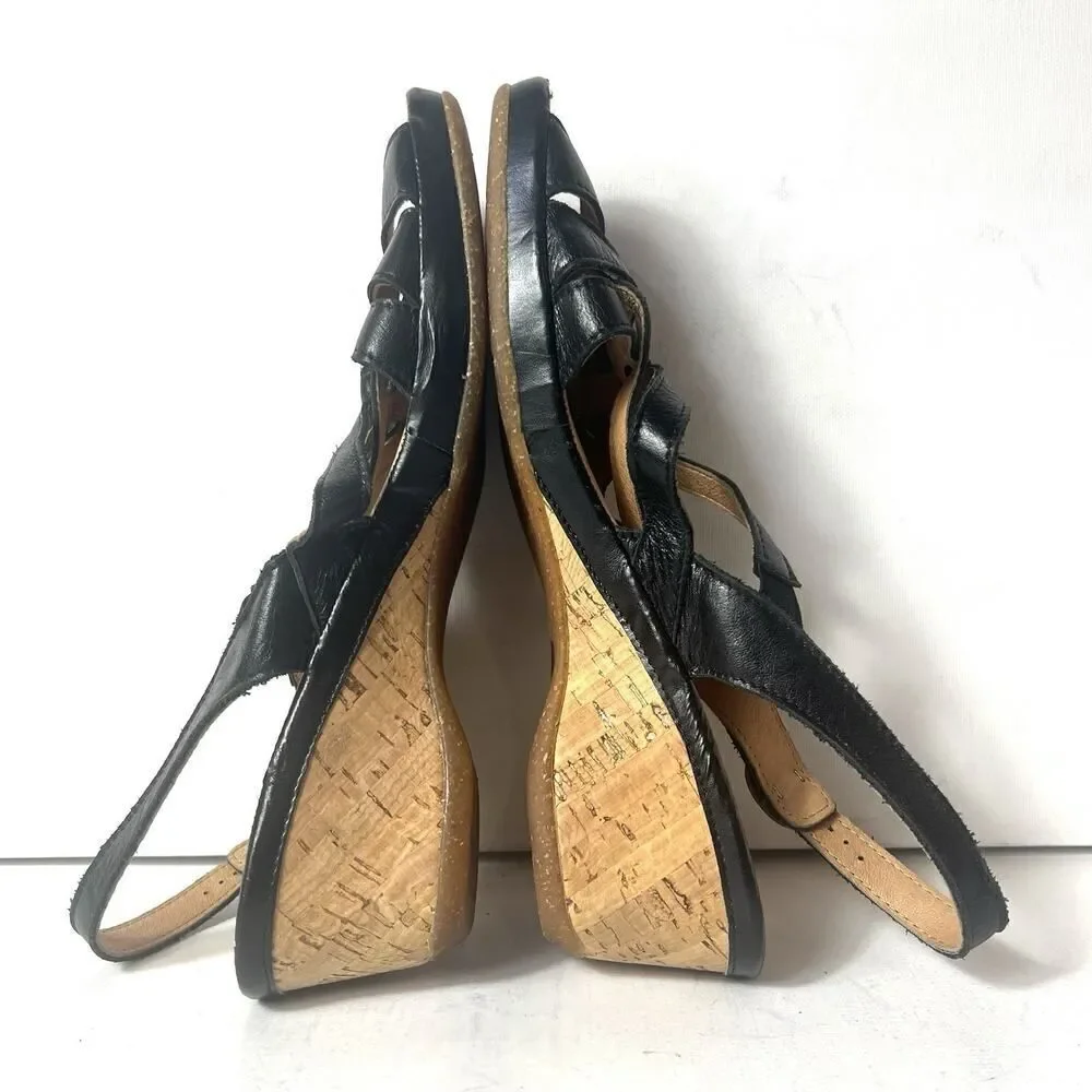 Spring Step Sandals Black Leather Cork Heel Sling Back Women Sz EU 42 US 11.5-12